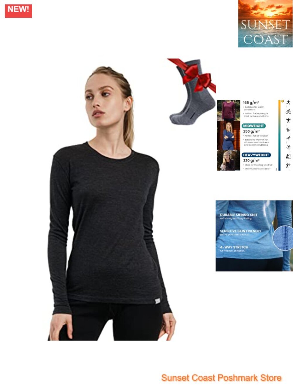 Merino Wool Base Layer Women Long Sleeve Thermal Shirt with Socks